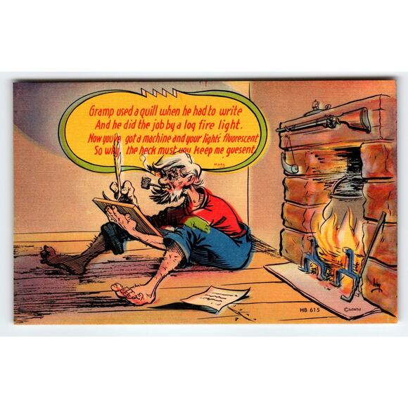 Vintage Linen Postcard Comic Gramp Writing by Log Fire HB 615 - Picture 1 of 2